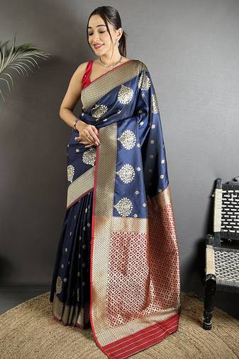 elora navy blue soft silk blend zari woven butti banarasi saree