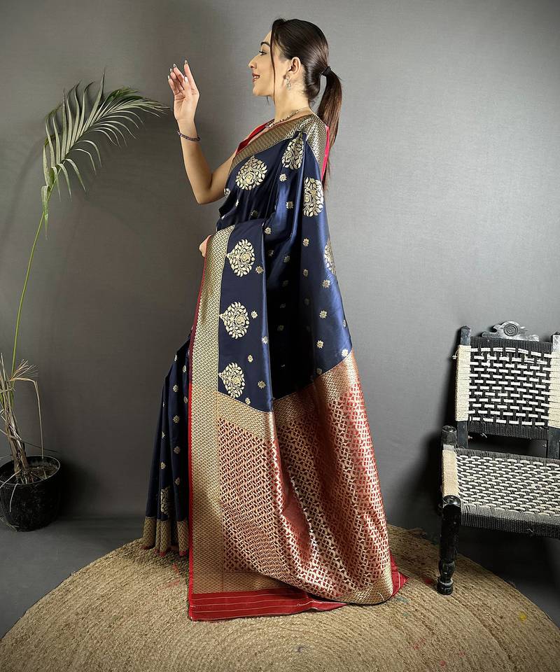 elora navy blue soft silk blend zari woven butti banarasi saree