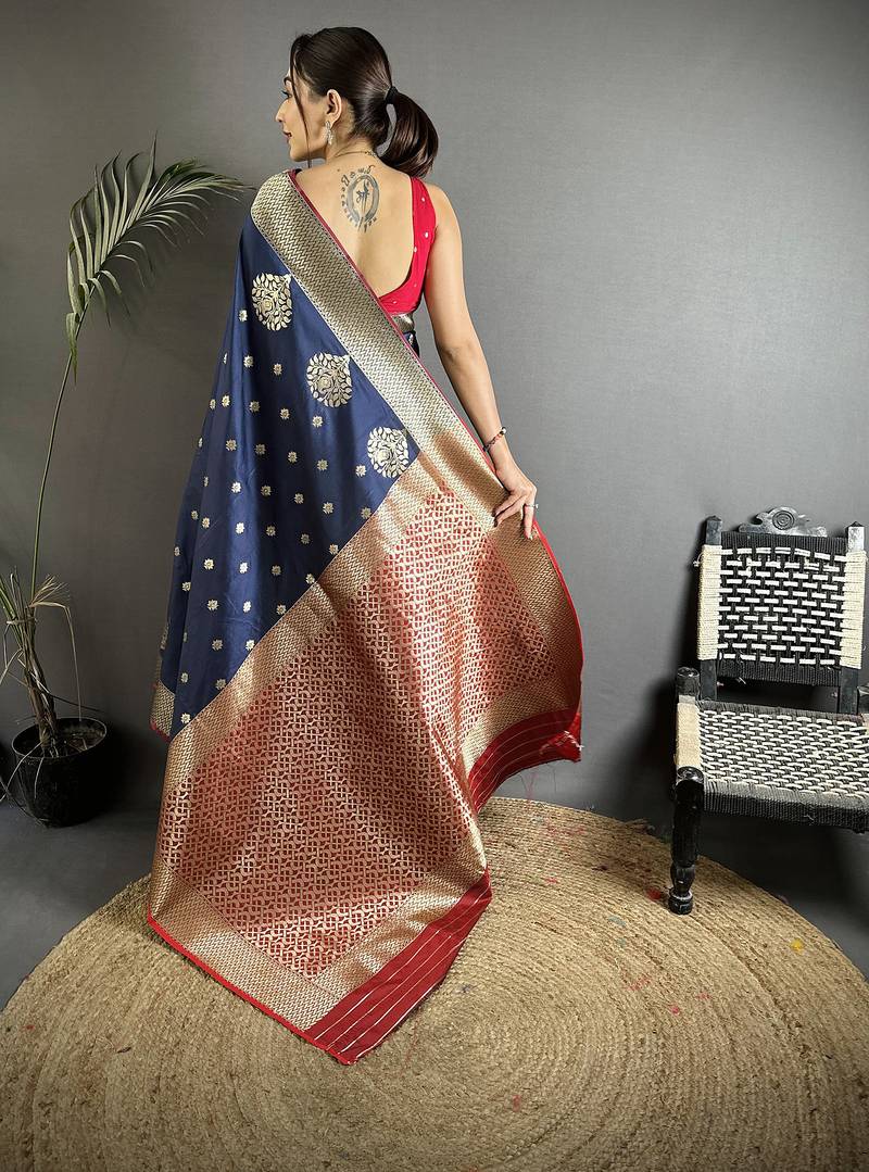 elora navy blue soft silk blend zari woven butti banarasi saree