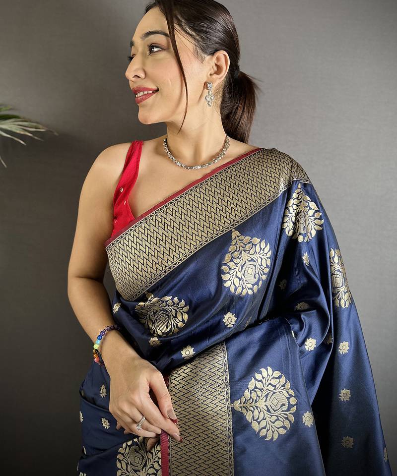 elora navy blue soft silk blend zari woven butti banarasi saree