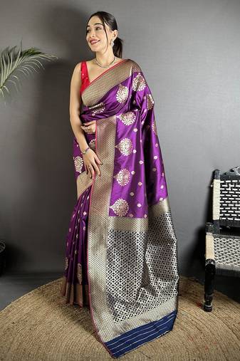 elora purple soft silk blend zari woven butti banarasi saree