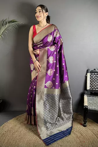 elora purple soft silk blend zari woven butti banarasi saree