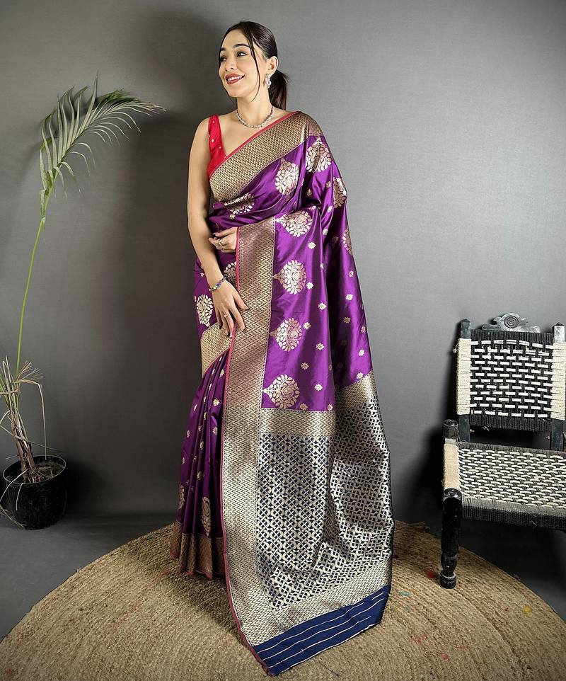 elora purple soft silk blend zari woven butti banarasi saree