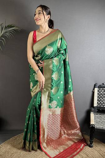 elora bottle green soft silk blend zari woven butti banarasi saree