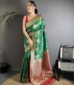 elora bottle green soft silk blend zari woven butti banarasi saree