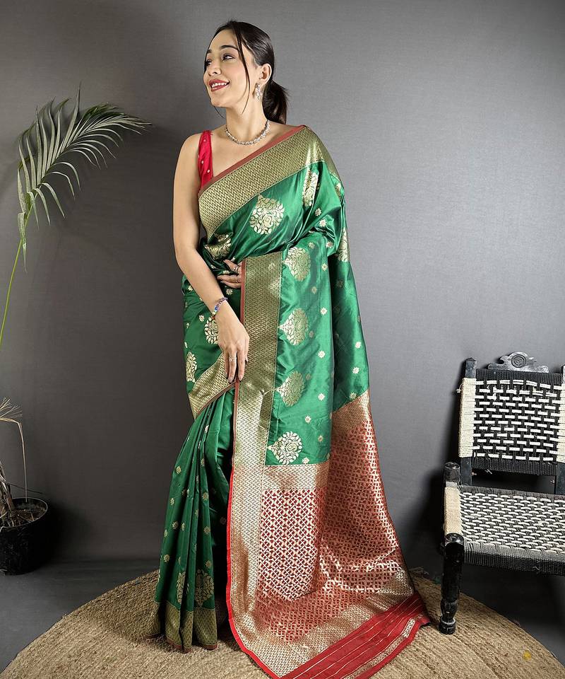 elora bottle green soft silk blend zari woven butti banarasi saree