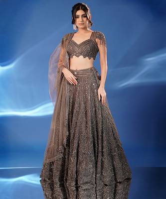 grey embroidered net lehenga set 1