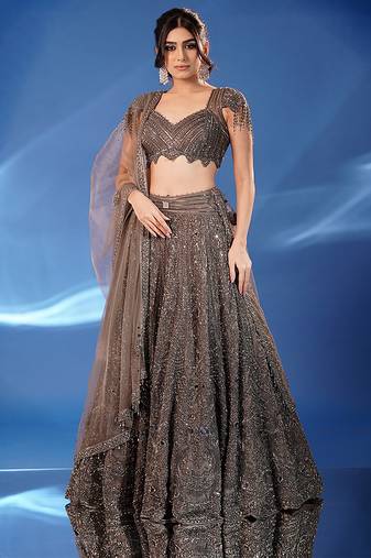 grey embroidered net lehenga set
