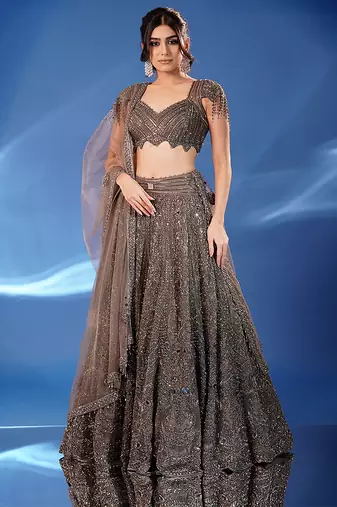 grey embroidered net lehenga set