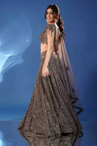 grey embroidered net lehenga set