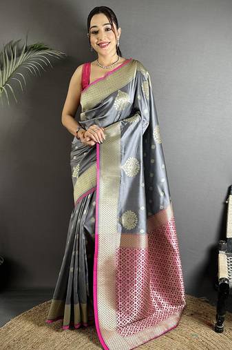 elora grey soft silk blend zari woven butti banarasi saree