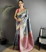 elora grey soft silk blend zari woven butti banarasi saree