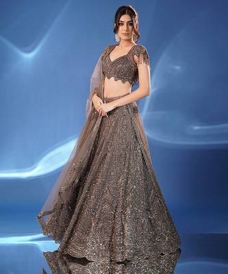 grey embroidered net lehenga set 4