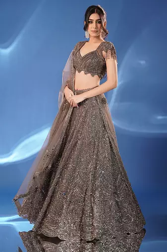 grey embroidered net lehenga set