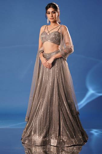 grey embroidered net lehenga set