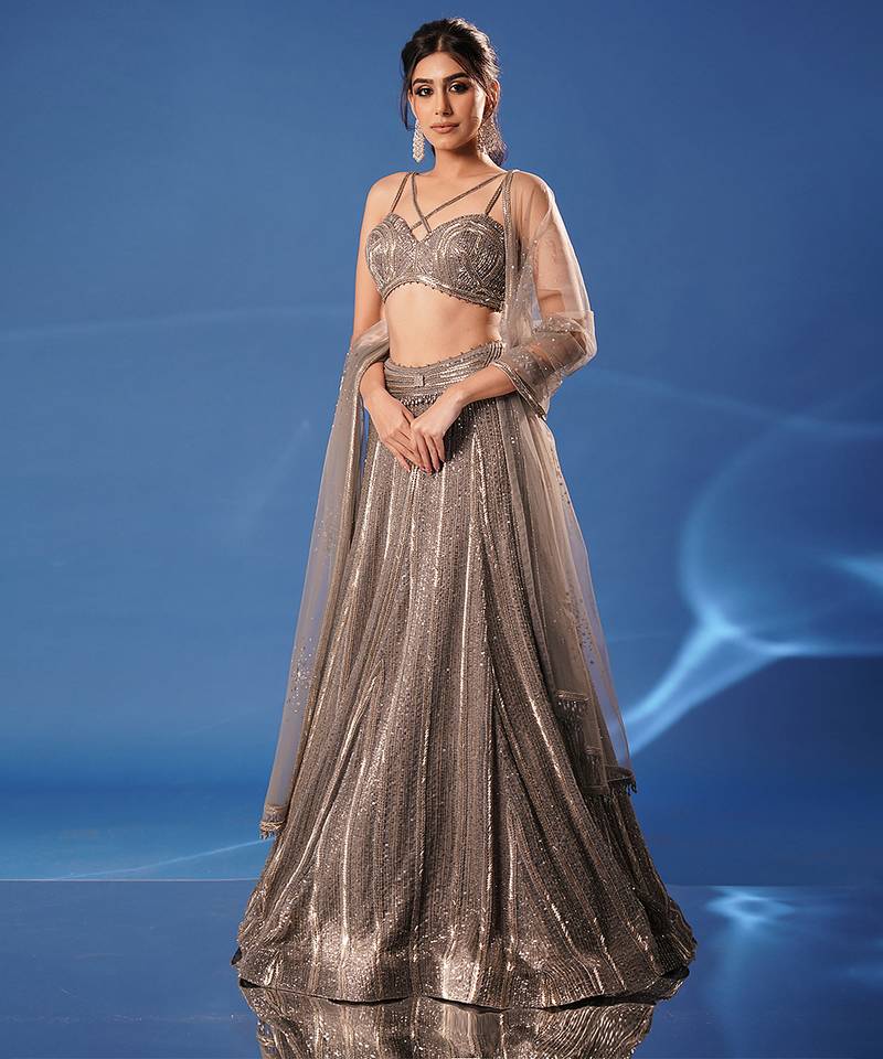 grey embroidered net lehenga set
