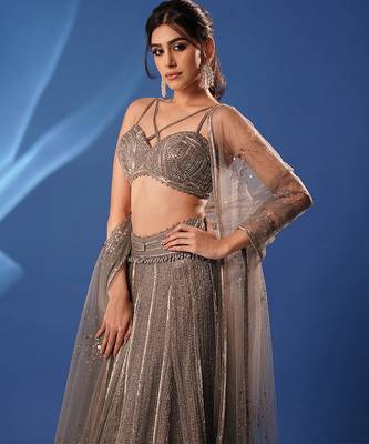 grey embroidered net lehenga set 2