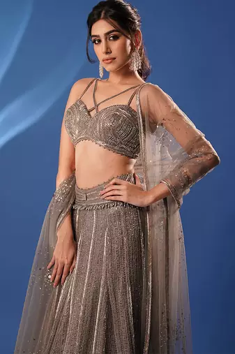grey embroidered net lehenga set