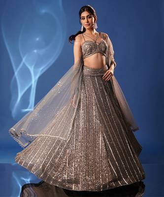 grey embroidered net lehenga set 3
