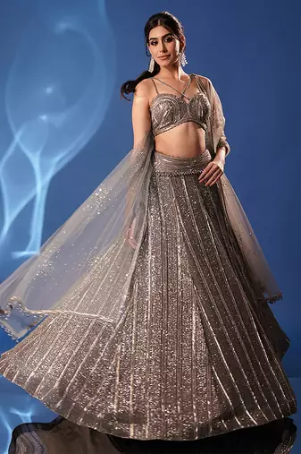 grey embroidered net lehenga set