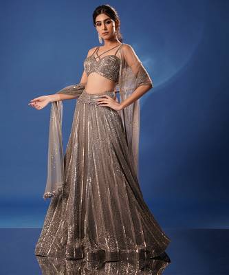grey embroidered net lehenga set 4