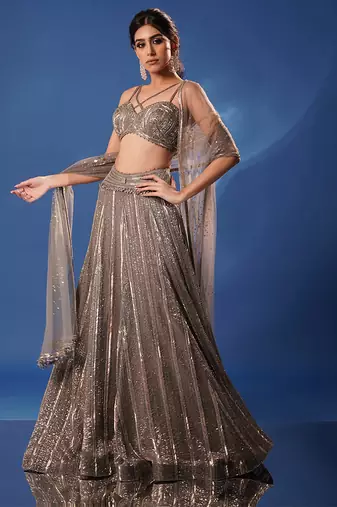 grey embroidered net lehenga set