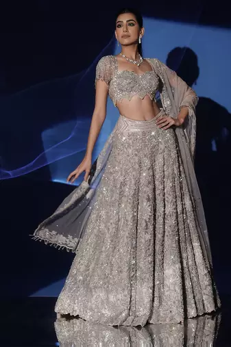 grey embroidered net lehenga set