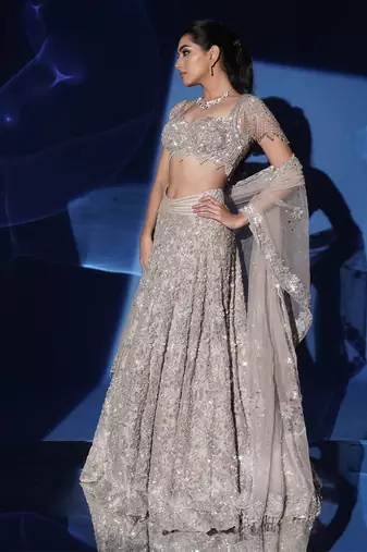 grey embroidered net lehenga set