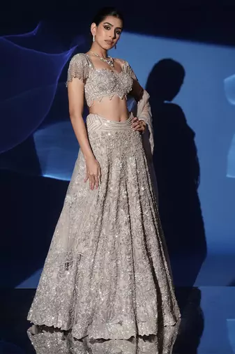 grey embroidered net lehenga set