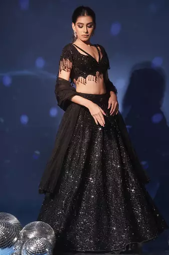black embroidered net lehenga set