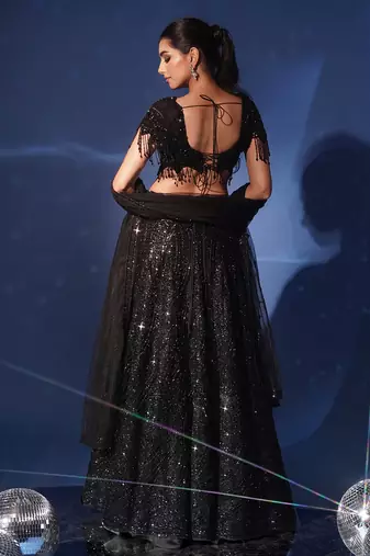 black embroidered net lehenga set