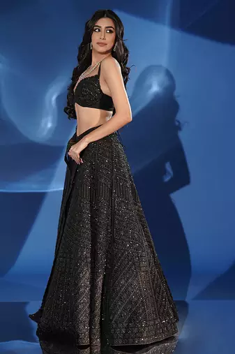 black embroidered net lehenga set