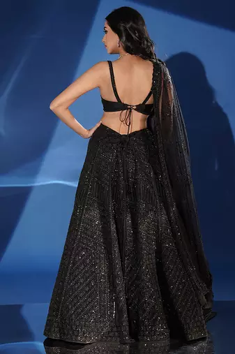 black embroidered net lehenga set