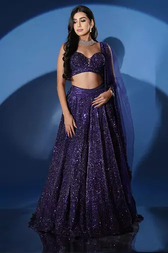 blue embroidered net lehenga set