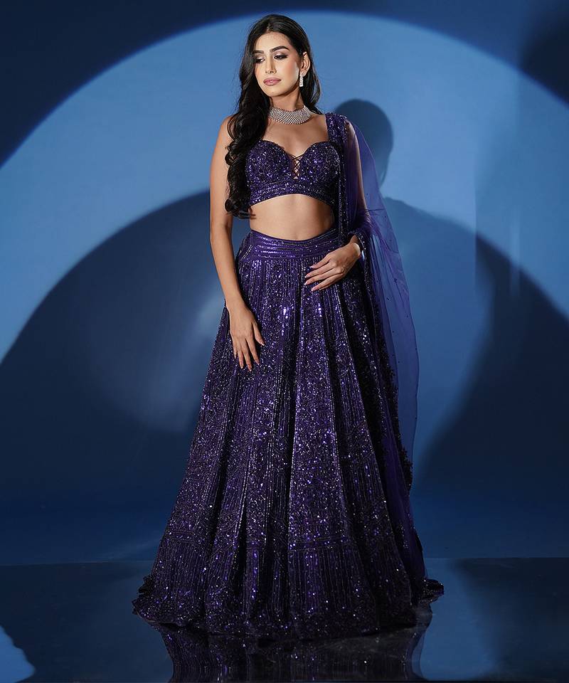 blue embroidered net lehenga set