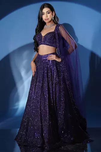 blue embroidered net lehenga set