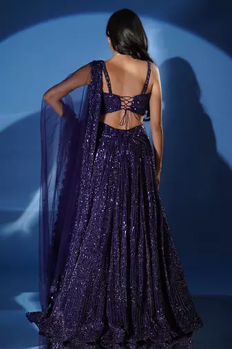 blue embroidered net lehenga set