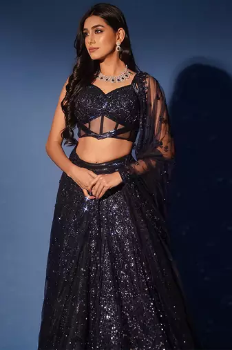 blue embroidered net lehenga set