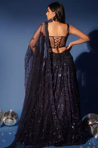 blue embroidered net lehenga set