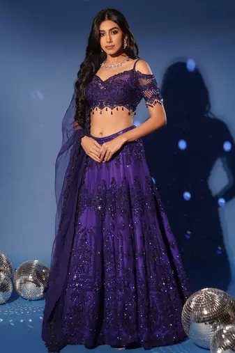 blue embroidered net lehenga set