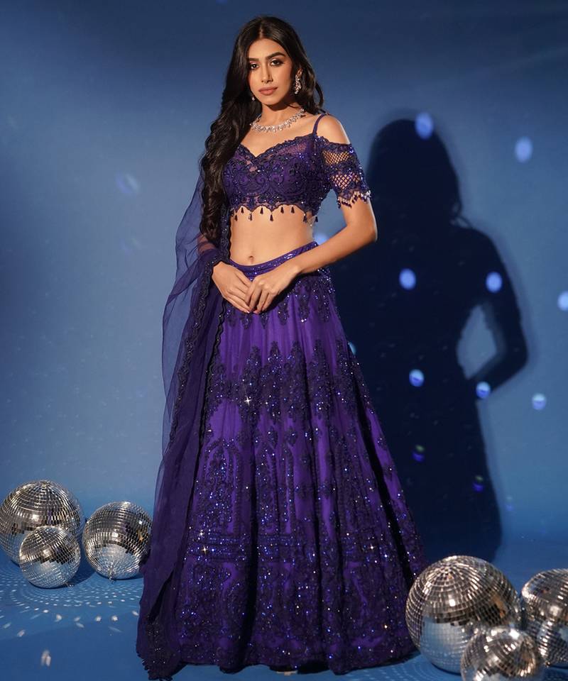 blue embroidered net lehenga set