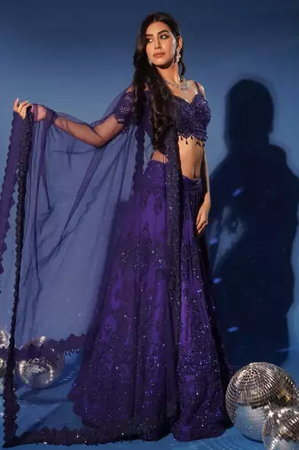 blue embroidered net lehenga set