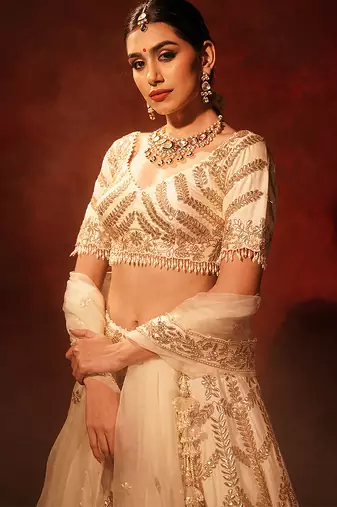 ivory embroidered raw silk lehenga set