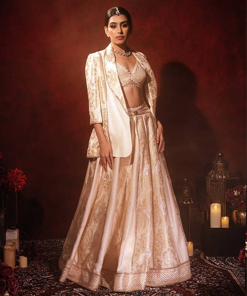 ivory embroidered raw silk lehenga set