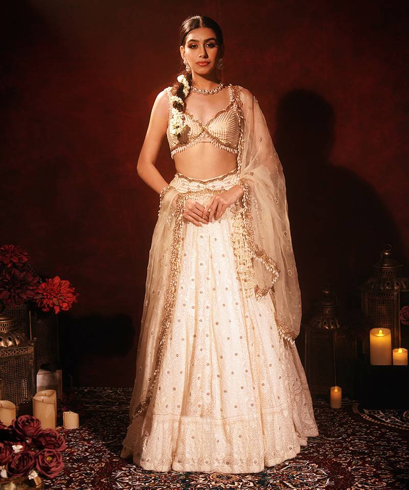 ivory embroidered raw silk lehenga set