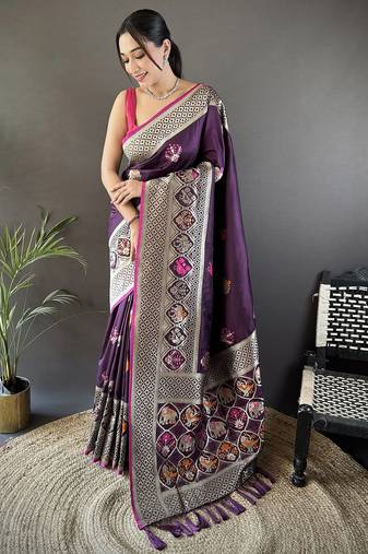wine soft lichi silk blend elephant & floral motifs minakari work banarasi saree