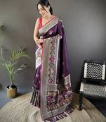 wine soft lichi silk blend elephant & floral motifs minakari work banarasi saree