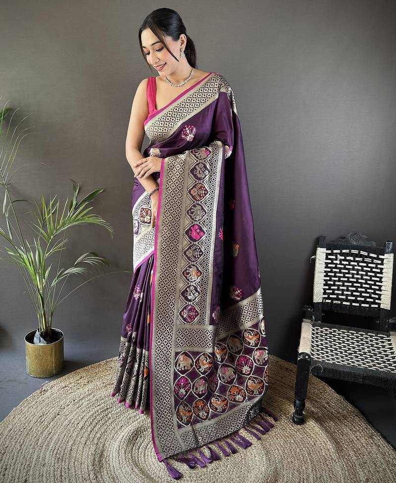 wine soft lichi silk blend elephant & floral motifs minakari work banarasi saree