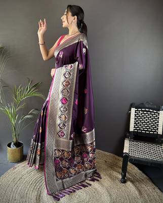 wine soft lichi silk blend elephant & floral motifs minakari work banarasi saree 2