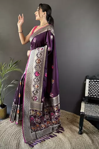 wine soft lichi silk blend elephant & floral motifs minakari work banarasi saree